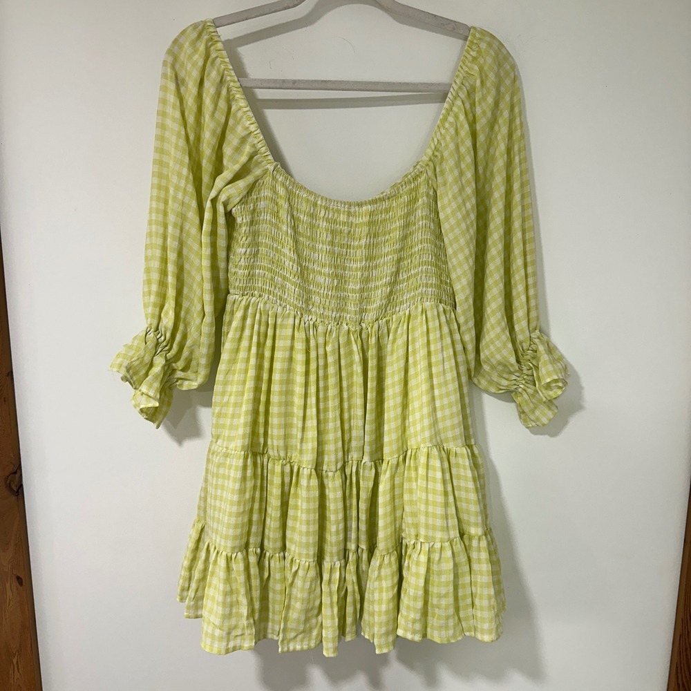 Mable Women Gingham Dress Mini Smocked Cotton Blend Ruffle Tiered Summer S Lime - Picture 2 of 7